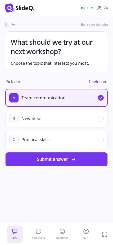 English SlideQ mobile poll with a selected answer