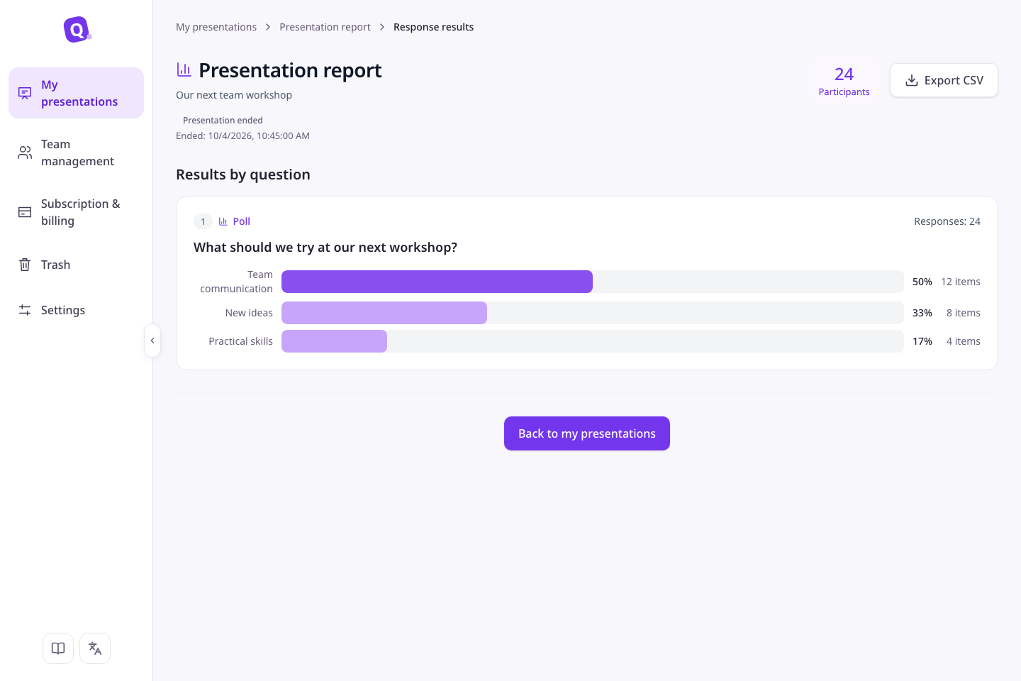 SlideQ report with session results