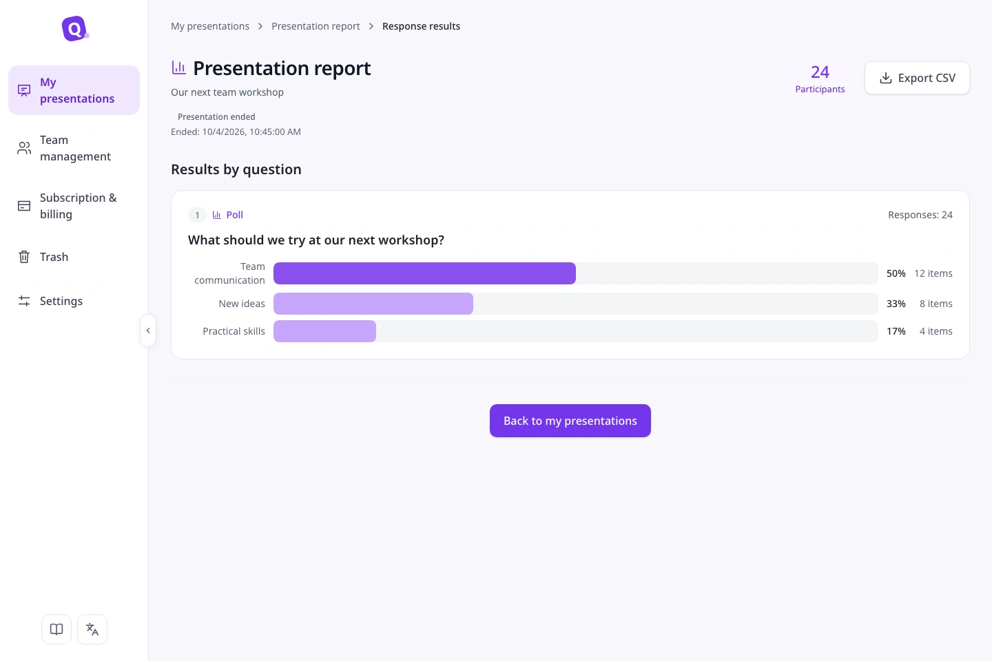 English SlideQ report showing responses by question